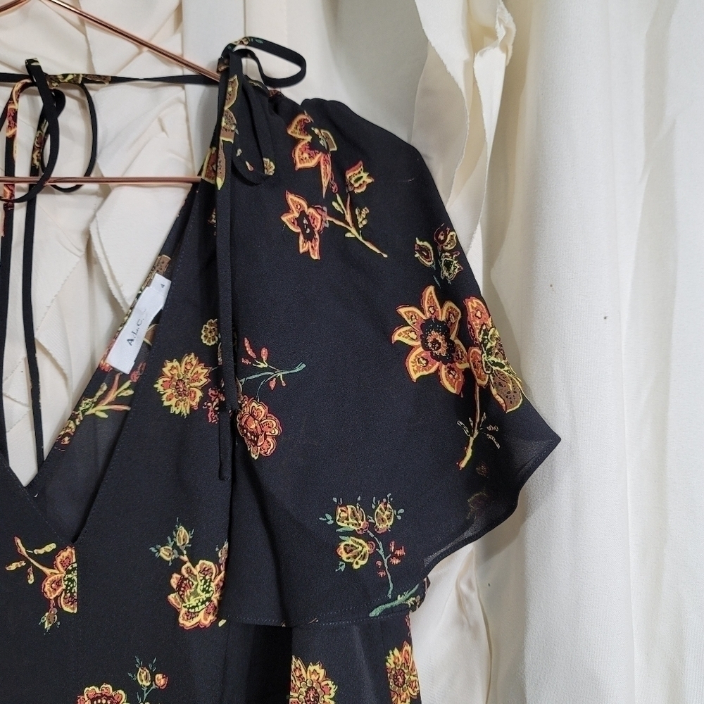 A.L.C. Clara Black Silk Shirt Moody Floral Print Short Flutter Sleeve 4 - Picture 4 of 10